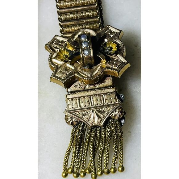 Antique Victorian Etruscan Revival Tassel Slide Bracelet Seed Pearl Gold Filled - Picture 12 of 16